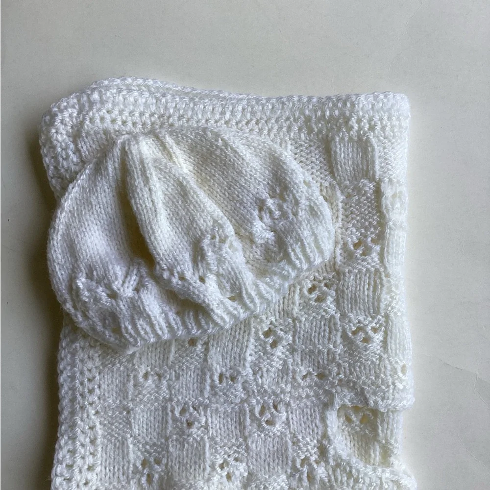 Carseat Baby Blanket Hand Crafted White Knitted Unisex
